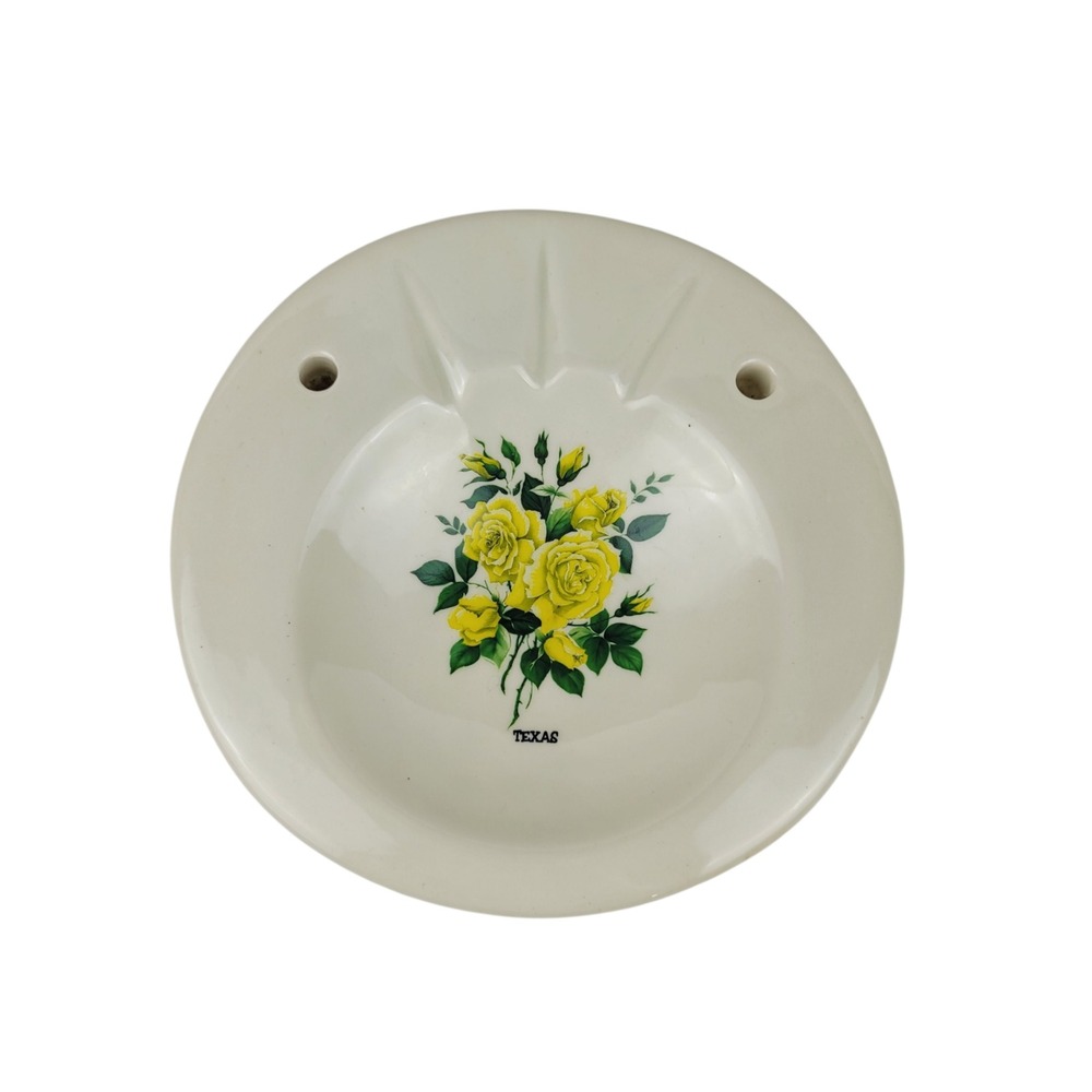 Vintage Texas Yellow Rose Ceramic Ashtray Souvenir‎ Tobacciana Floral Round 7"